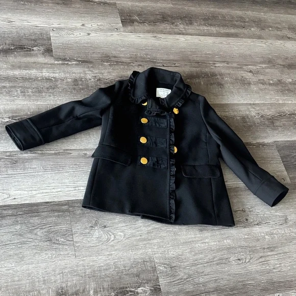 Kate Spade Black Ruffle Velvet Trim Gold Button Winter Fall Wool Blend Coat - Picture 3 of 8